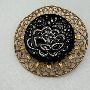 Vintage Art Glass  Black and Gold Brooch